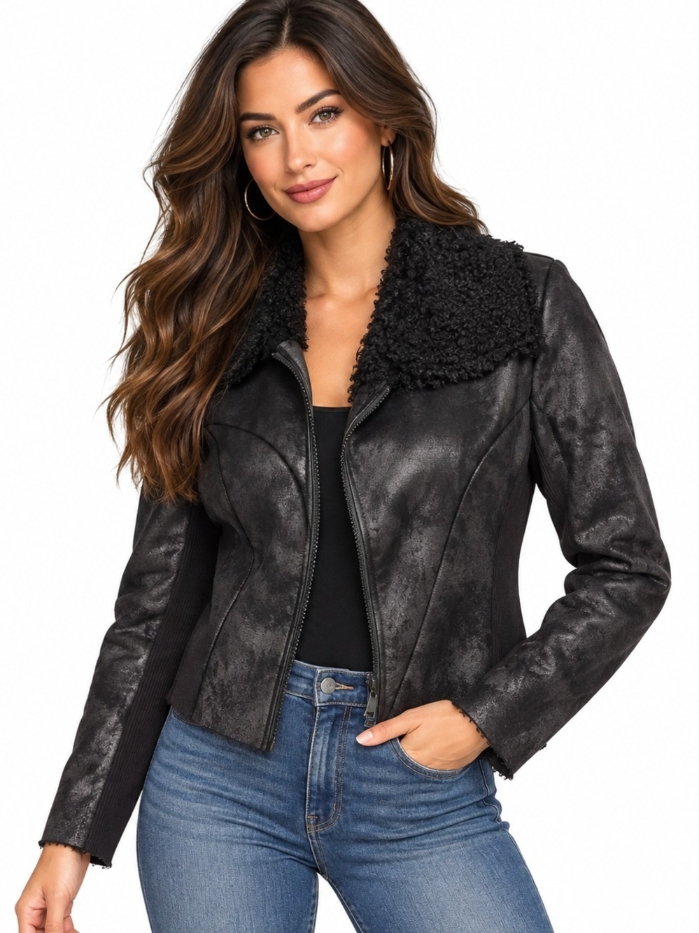 Simply Vera Vera Wang Womens L Black Faux Shearling Jacket Asymmetrical Zip